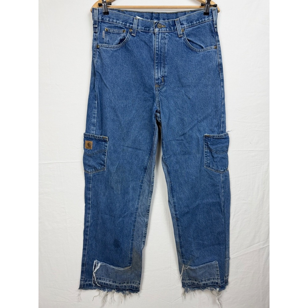 Carhartt Custom DIY Cargo Jeans Blue Denim‎ Frayed Hem  34x31 Distressed Grunge